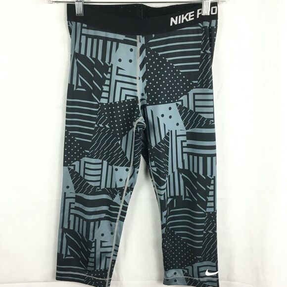 Nike Pro Leggings Women L Blue Geometric Stretch Capri Cropped Athletic Leggings - Picture 1 of 11